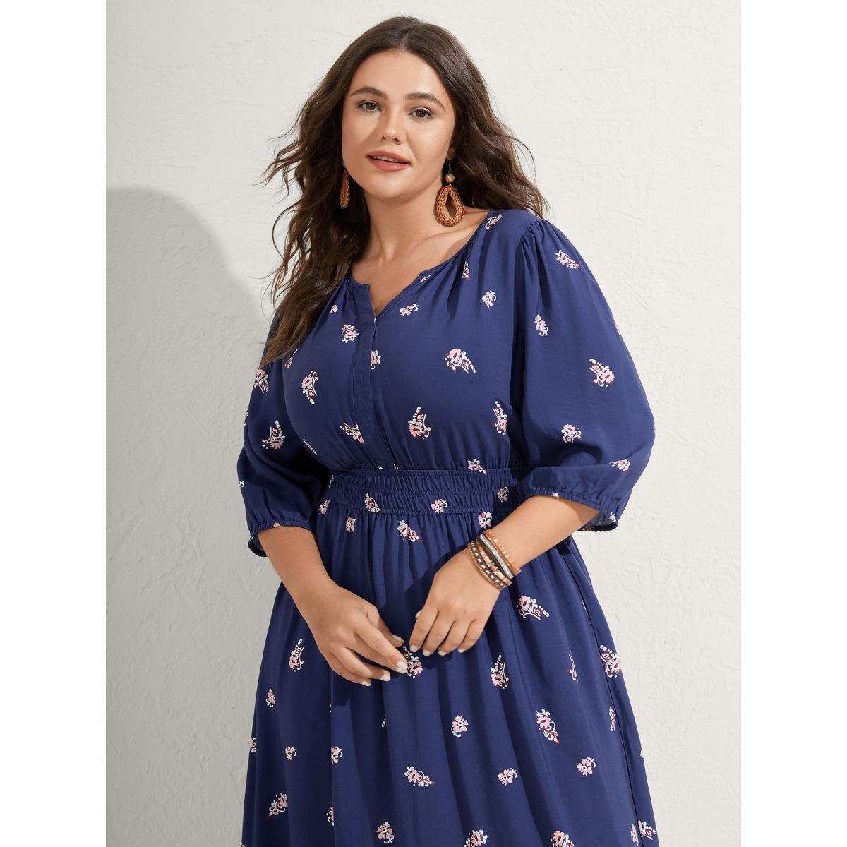 Plus Size Paisley Print Shirred Waist Midi Dress DarkBlue Women Flat collar with V-notch Elbow-length sleeve Curvy BloomChic 14-16/1X Product Image