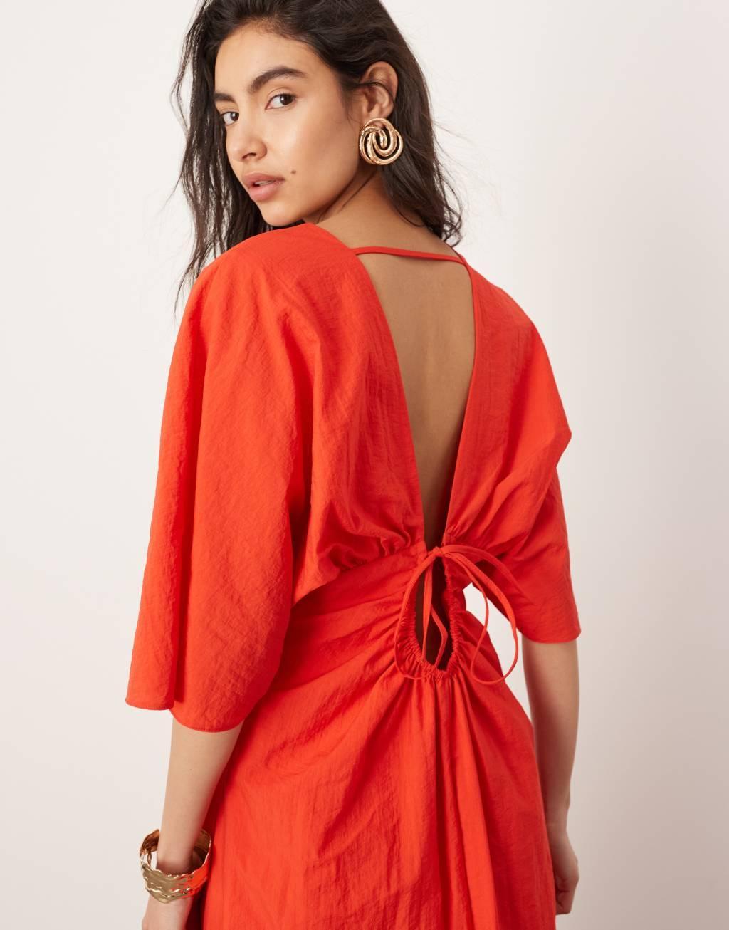 ASOS EDITION textured wide sleeve midi dress with ruched waist in red Product Image