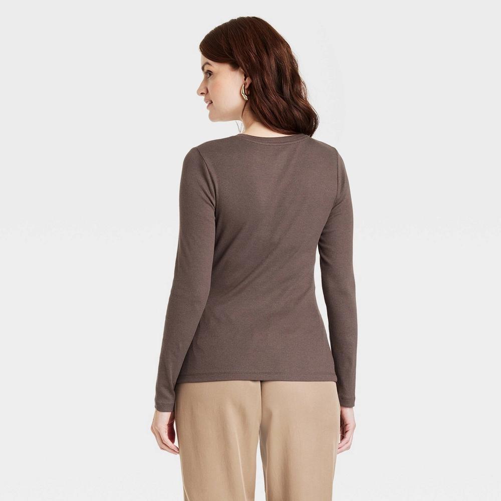 Women's Slim Fit Long Sleeve Ribbed T-Shirt - A New Day™ Brown XL Product Image