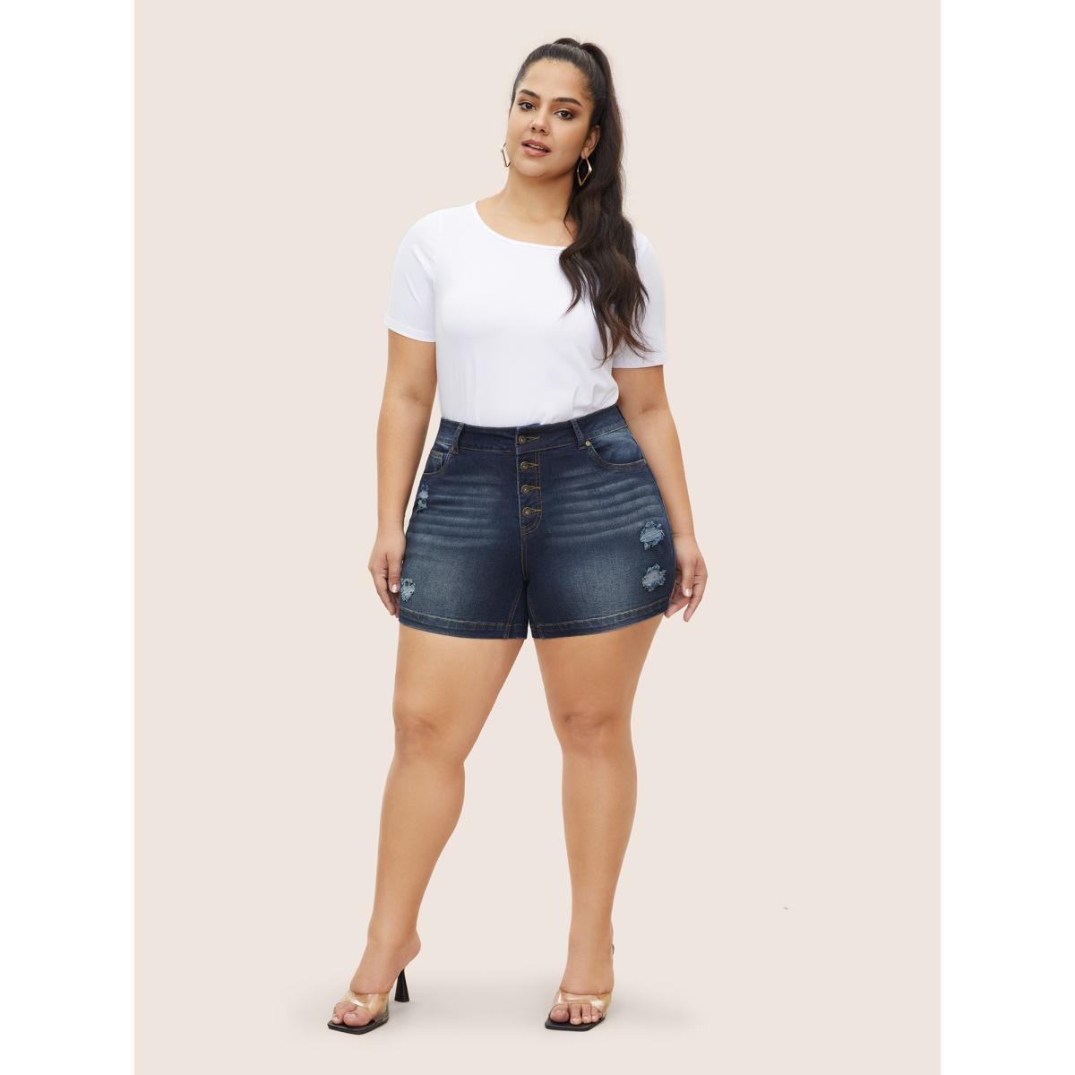 Plus Size Dark Wash Button Up Distressed Denim Shorts Women Midnight Distressed High stretch Everyday Slanted pocket Casual Denim Shorts BloomChic 10/M Product Image