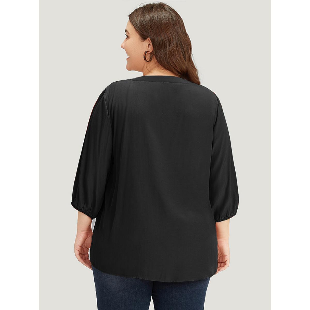 Plus Size Black Plain Notched Button Through Elastic Cuffs Shirred Blouse Women Office Elbow-length sleeve V-neck Work Blouses BloomChic 26/4X Product Image