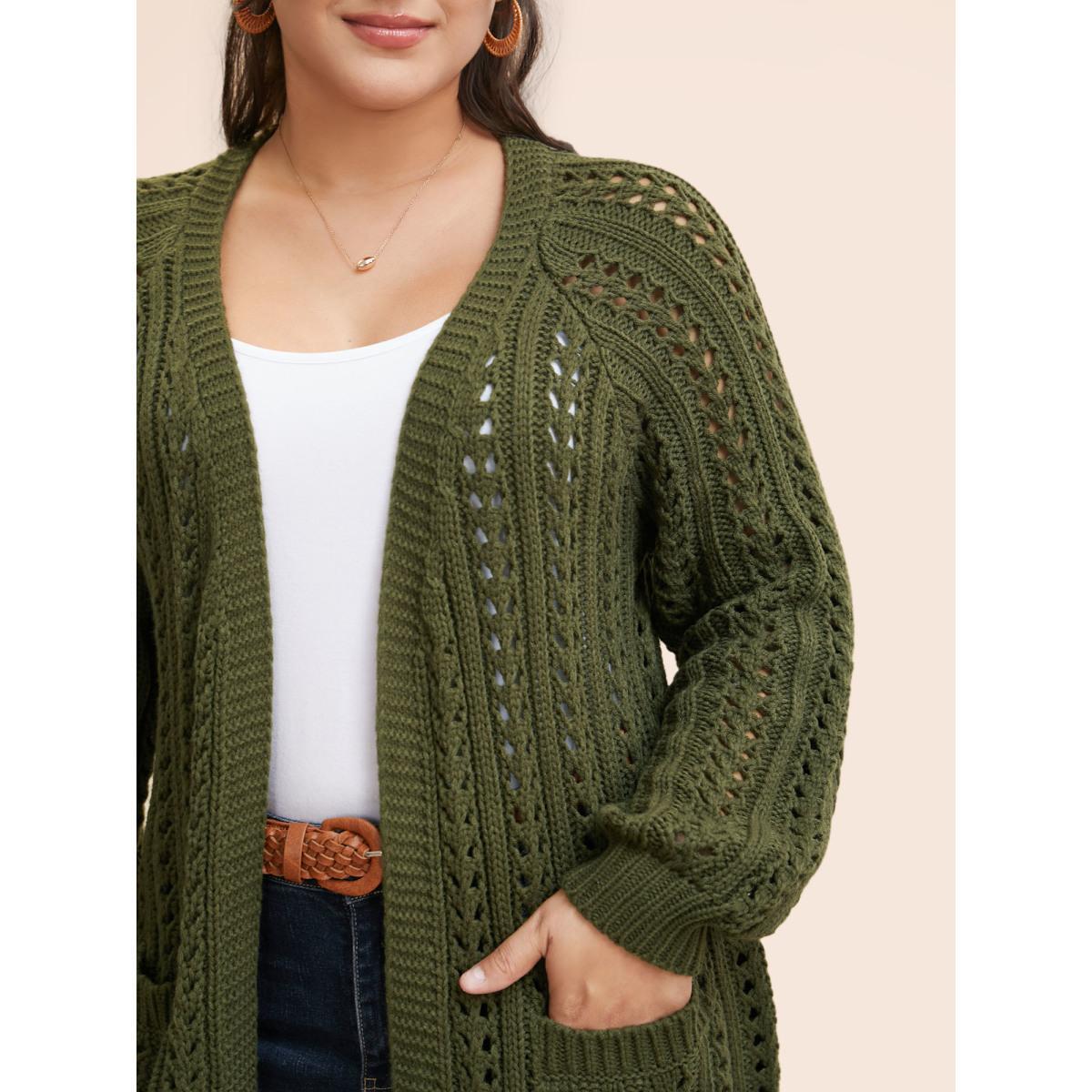 Plus Size Solid Cable Knit Raglan Sleeve Cardigan Olive Women Casual Loose Long Sleeve Everyday Cardigans BloomChic 26/4X Product Image