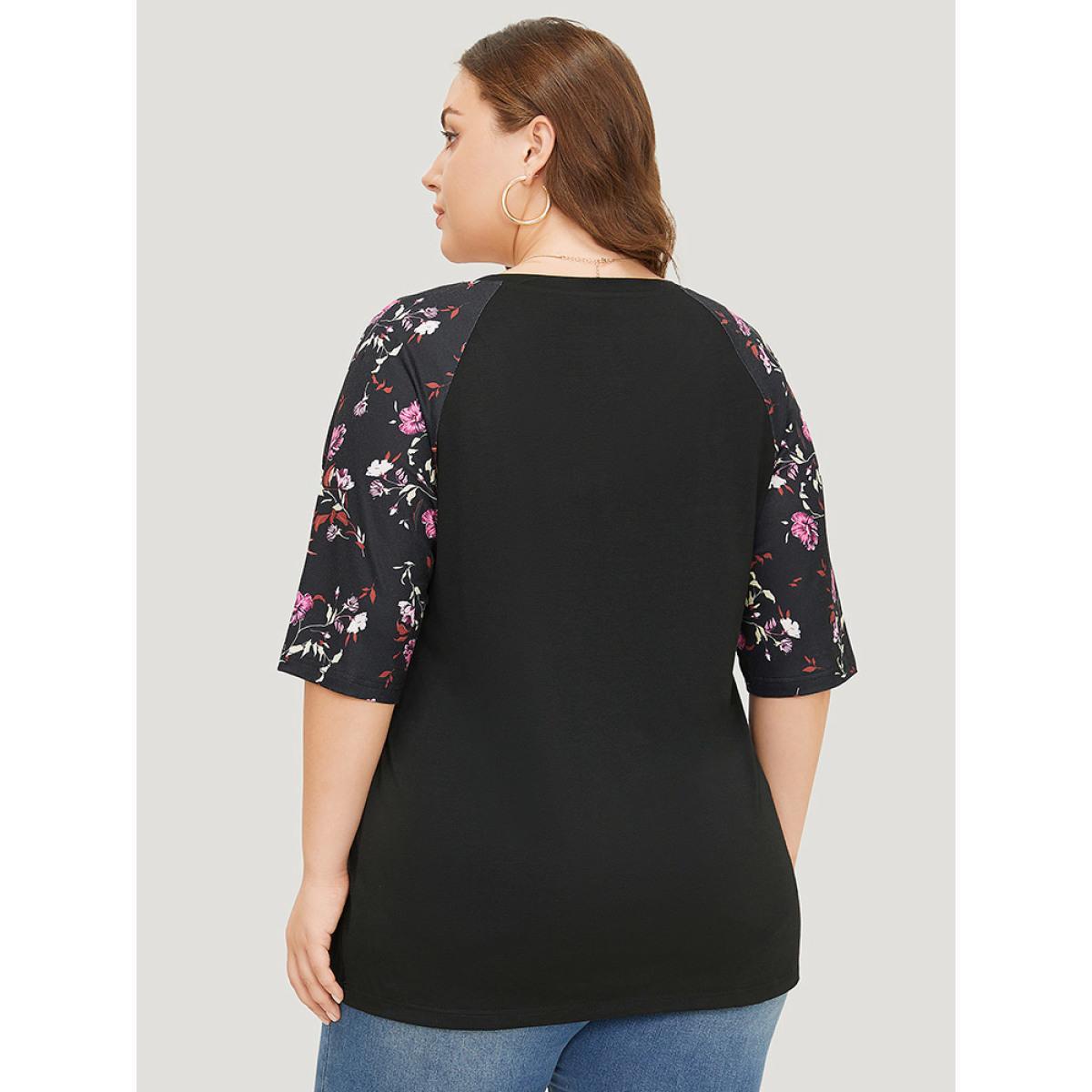 Plus Size Floral Patchwork Raglan Sleeve T-shirt Black Women Elegant Patchwork Floral V-neck Work T-shirts BloomChic 14-16/1X Product Image
