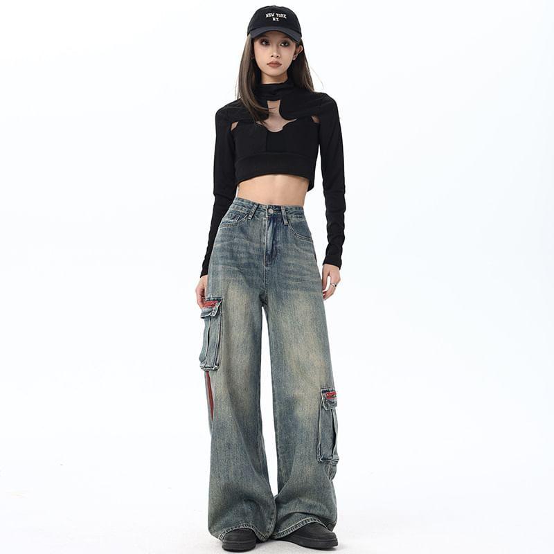 High Waist Washed Wide Leg Cargo Jeans Product Image