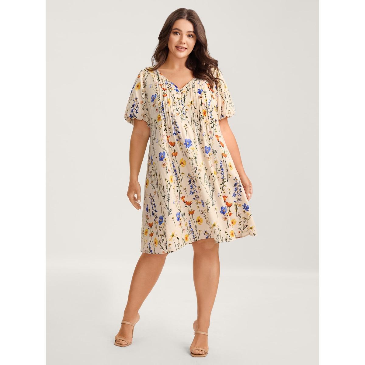 Plus Size Florals Everywhere Toothpick Pleat Midi Dress Champagne Women V-neck Short sleeve Curvy BloomChic 30/6X Product Image