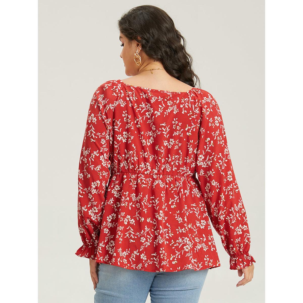 Plus Size Rust Floral Print Ruched Lantern Sleeve Blouse Women Elegant Long Sleeve V-neck Dailywear Blouses BloomChic 18-20/2X Product Image
