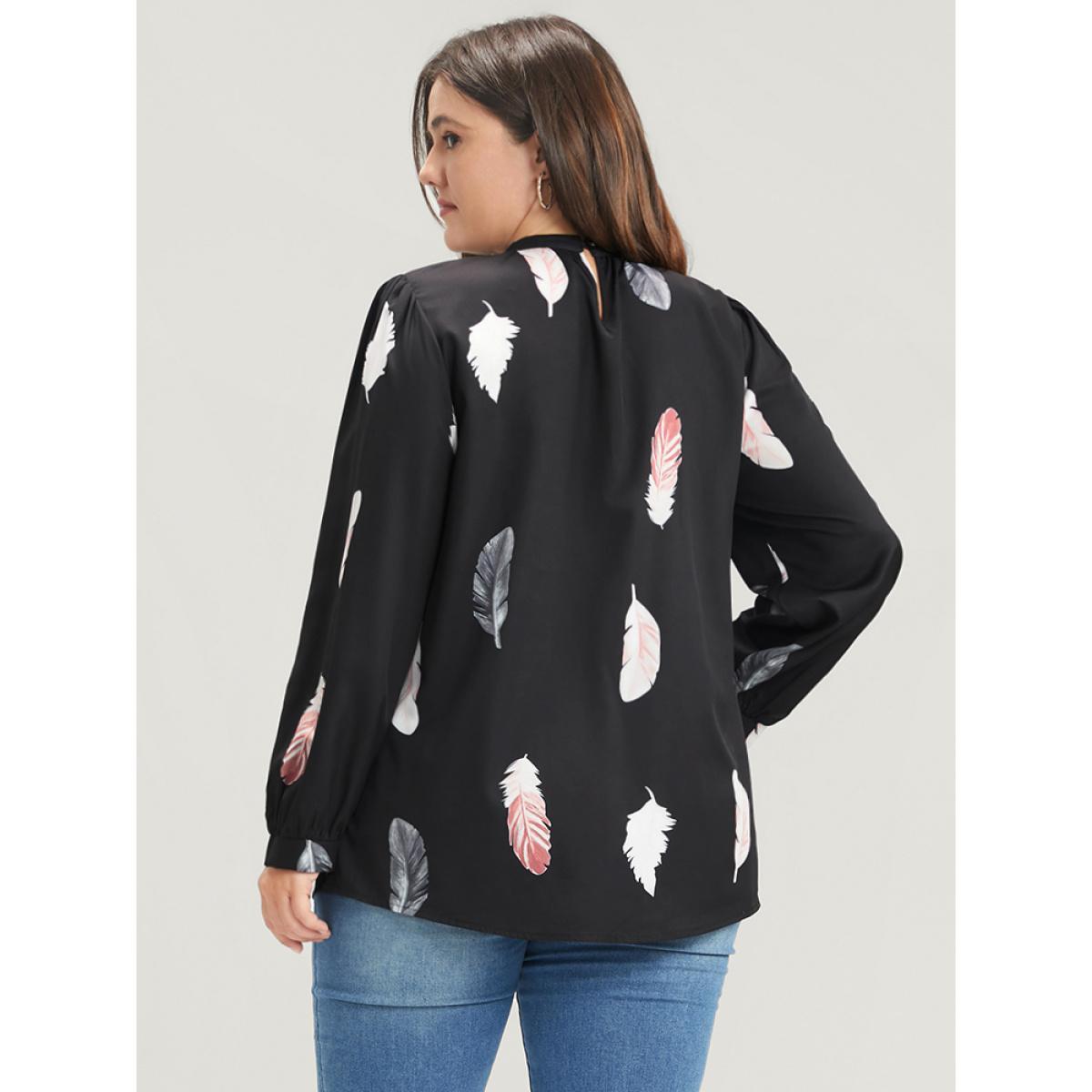 Plus Size Black Feather Print Mock Neck Lantern Sleeve Blouse Women Elegant Long Sleeve Mock Neck Dailywear Blouses BloomChic 12/L Product Image