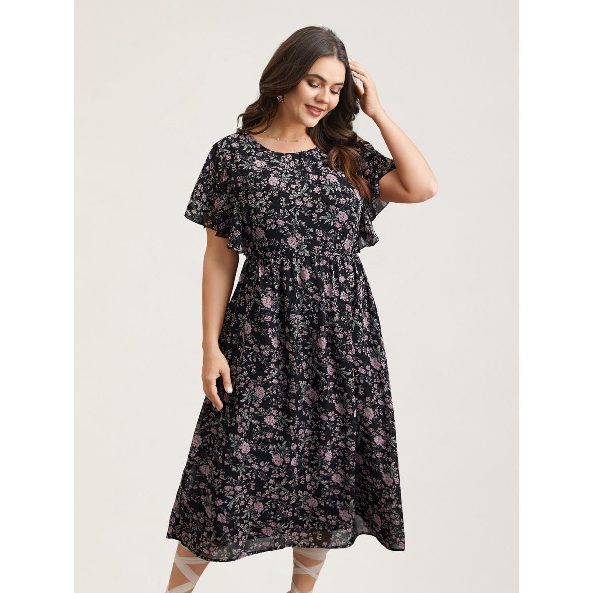 Plus Size Chiffon Floral Print Ruffled Midi Dress BlackFlower Women Elegant Ruffles Round Neck Short sleeve Curvy BloomChic 12/L Product Image