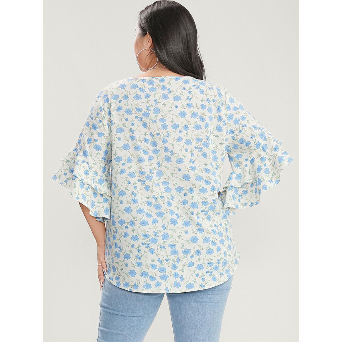 Plus Size White Floral Printed Knotted Front V Neck Ruffle Sleeve Blouse Women Elegant Elbow-length sleeve V-neck Dailywear Blouses BloomChic 14-16/1X Product Image