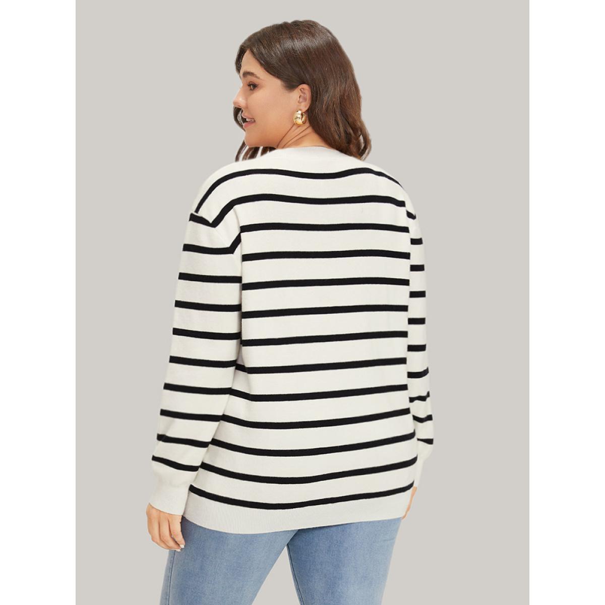 Plus Size Supersoft Essentials Striped Heart Keyhole Mesh Pullover Ivory Women Casual Loose Long Sleeve Round Neck Dailywear Pullovers BloomChic 12/L Product Image