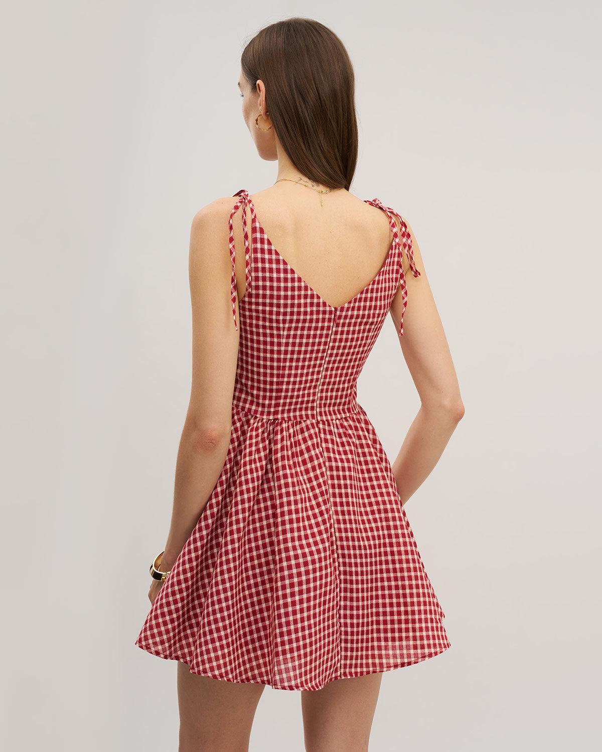 Red Plaid Tie Strap Mini Dress Product Image
