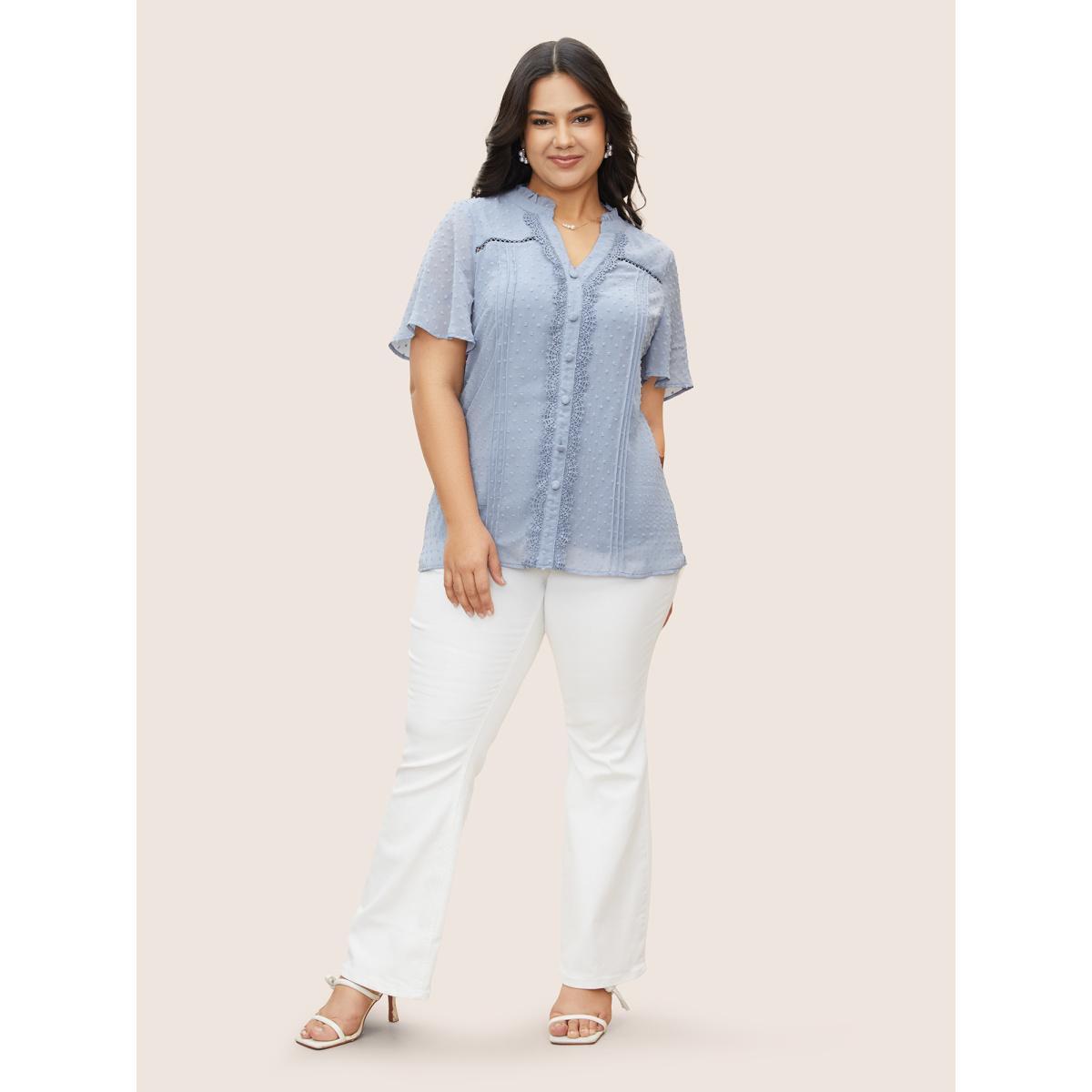 Plus Size Stone Textured Lace Insert Pleated Flutter Sleeve Blouse Women Elegant Short sleeve Flat collar Everyday Blouses BloomChic 22-24/3X Product Image