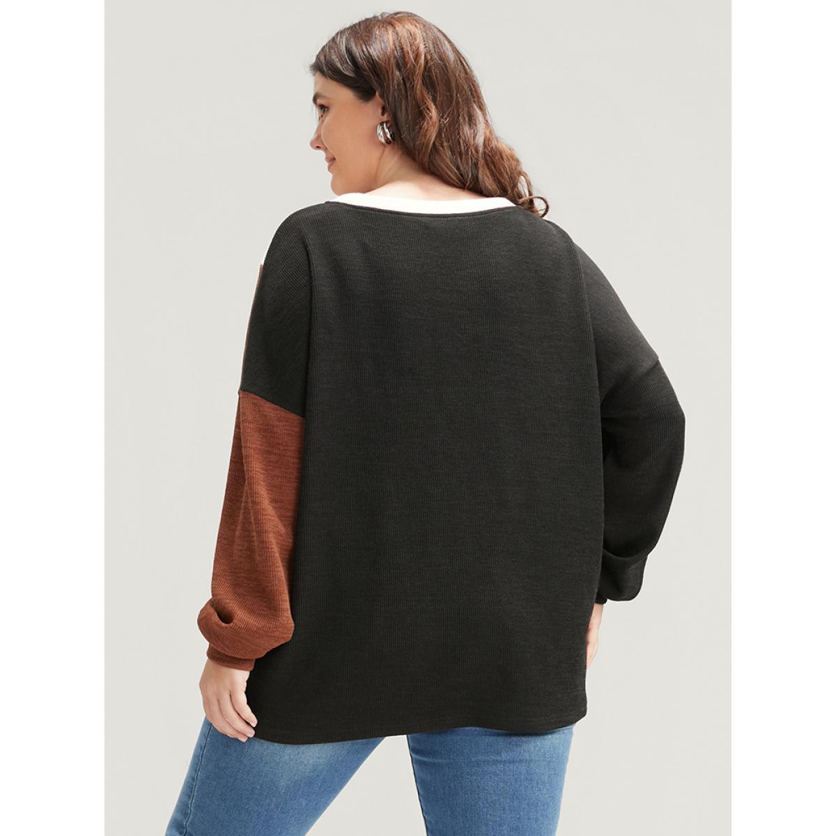 Plus Size Colorblock Contrast Rib Knit Drop Shoulder Sweatshirt Women Multicolor Elegant Patchwork Round Neck Dailywear Sweatshirts BloomChic 22-24/3X Product Image