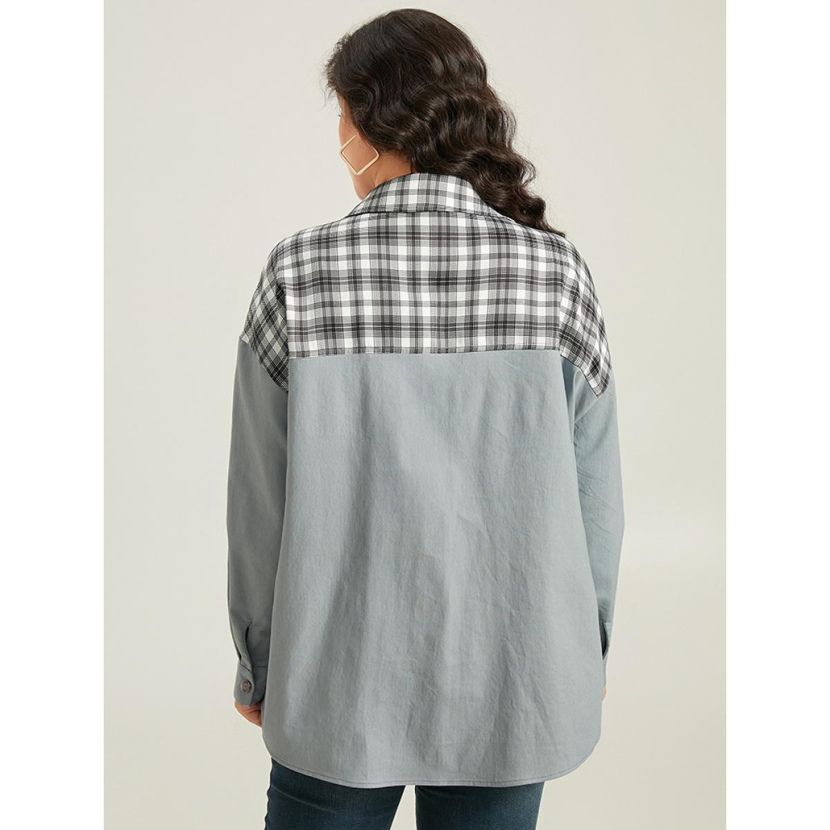 Plus Size Plaid Pocket Patchwork Contrast Coat Women LightBlue Casual Contrast Ladies Everyday Winter Coats BloomChic 12/L Product Image