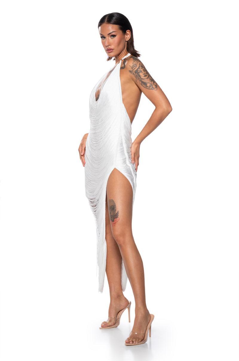 GIANINA FRINGED COWL NECK MAXI DRESS IN WHITE Product Image