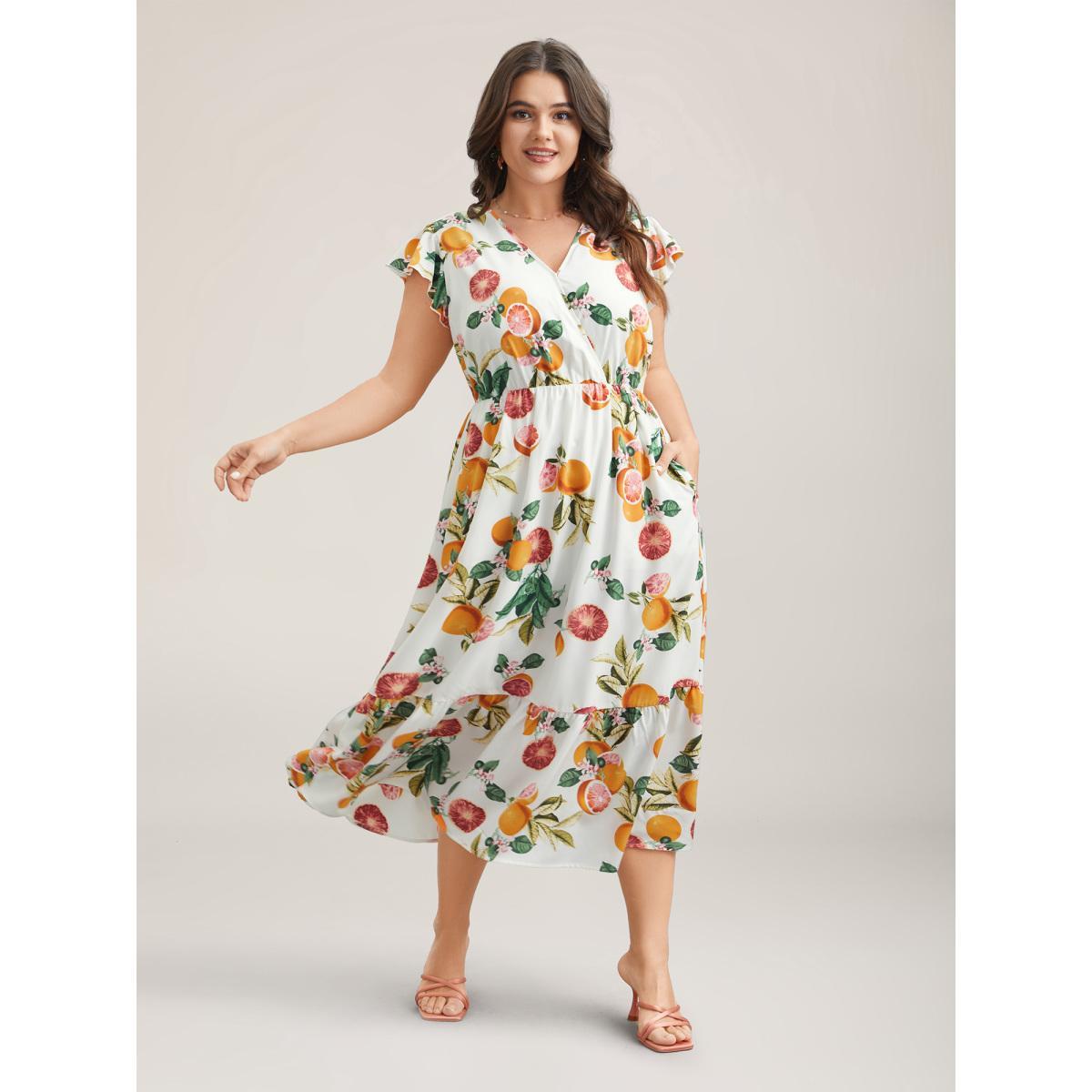 Plus Size Spring Fruits Wrap Neck Midi Dress Ivory Women Elegant Ruffles Overlap Collar Cap Sleeve Curvy BloomChic 18-20/2X Product Image
