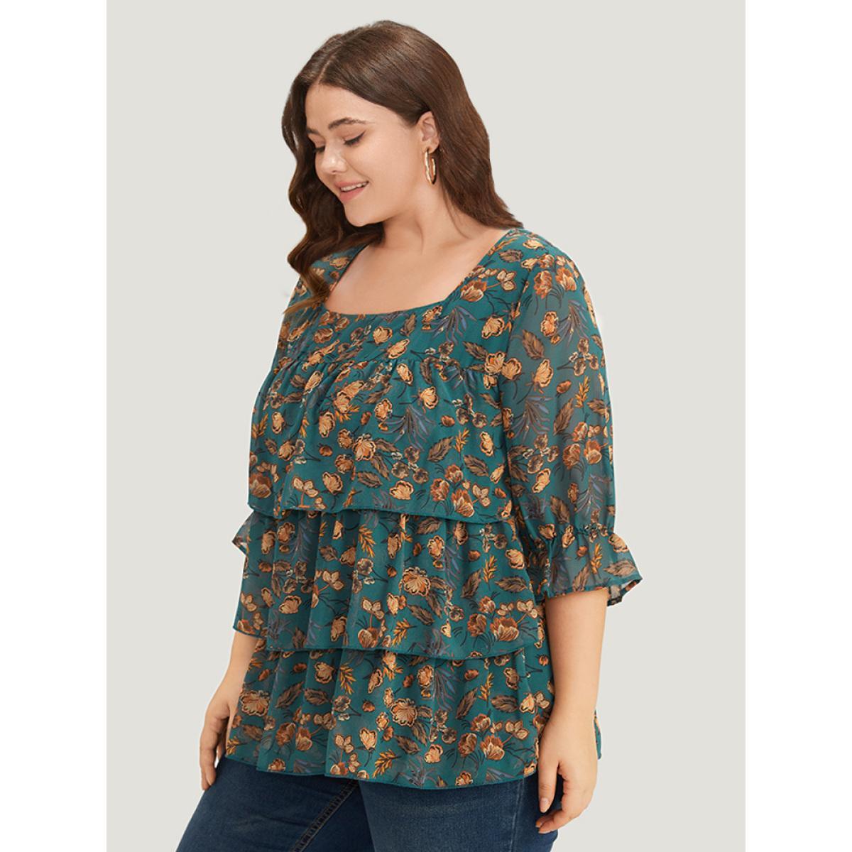 Plus Size Cyan Floral Print Square Neck Layered Ruffle Trim Blouse Women Office Half Sleeve Square Neck Dailywear Blouses BloomChic 10/M Product Image