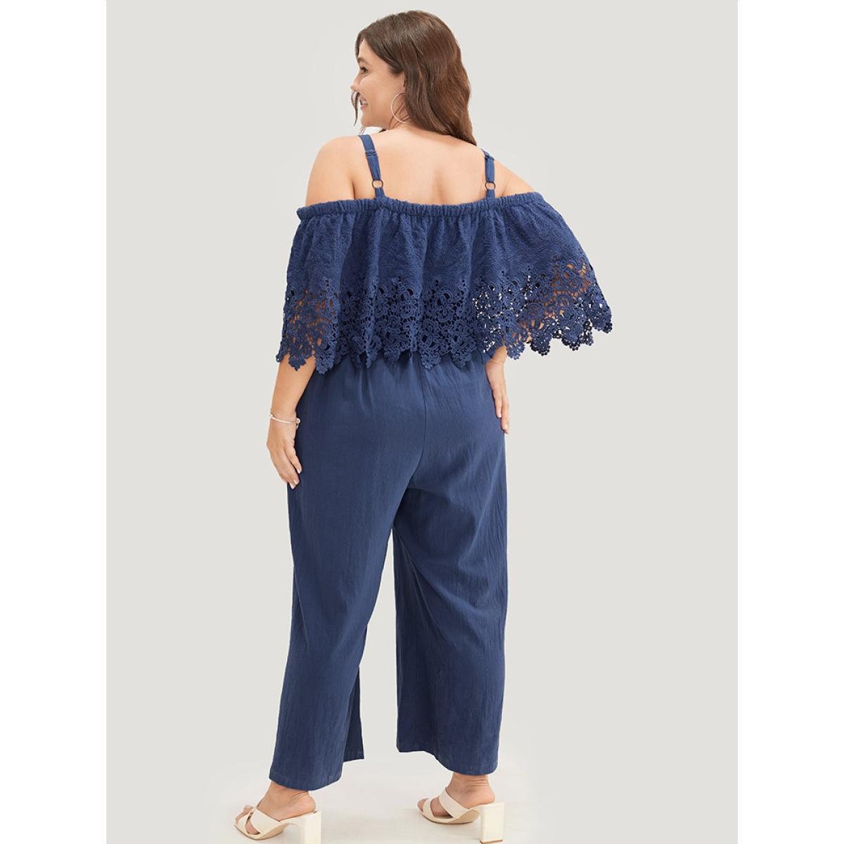 Plus Size Navy Plain Lace Trim Pocket Cold Shoulder Jumpsuit Women Elegant Short sleeve Cold Shoulder Dailywear Loose Jumpsuits BloomChic 22-24/3X Product Image