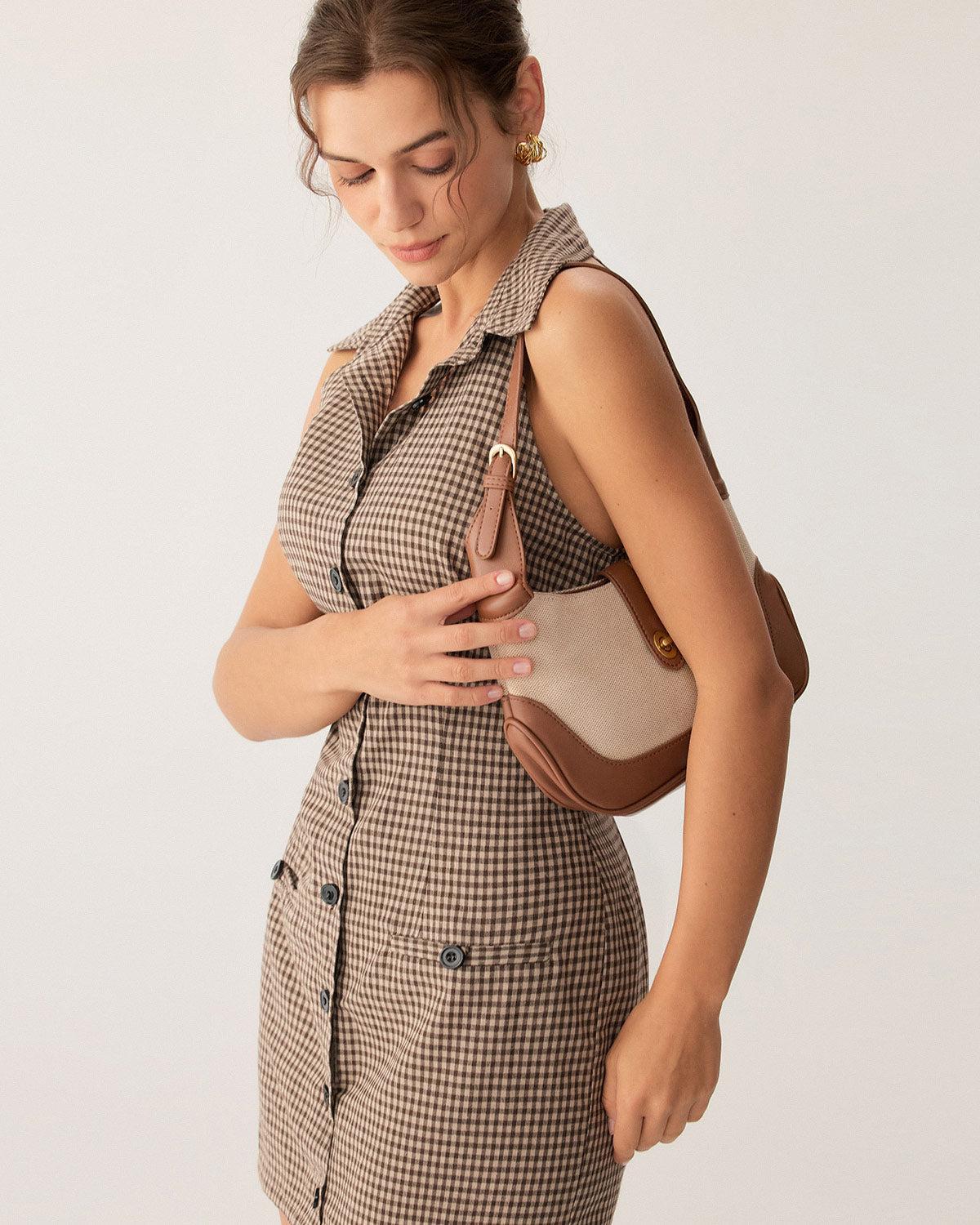 Brown Plaid Button Sleeveless Mini Dress Product Image