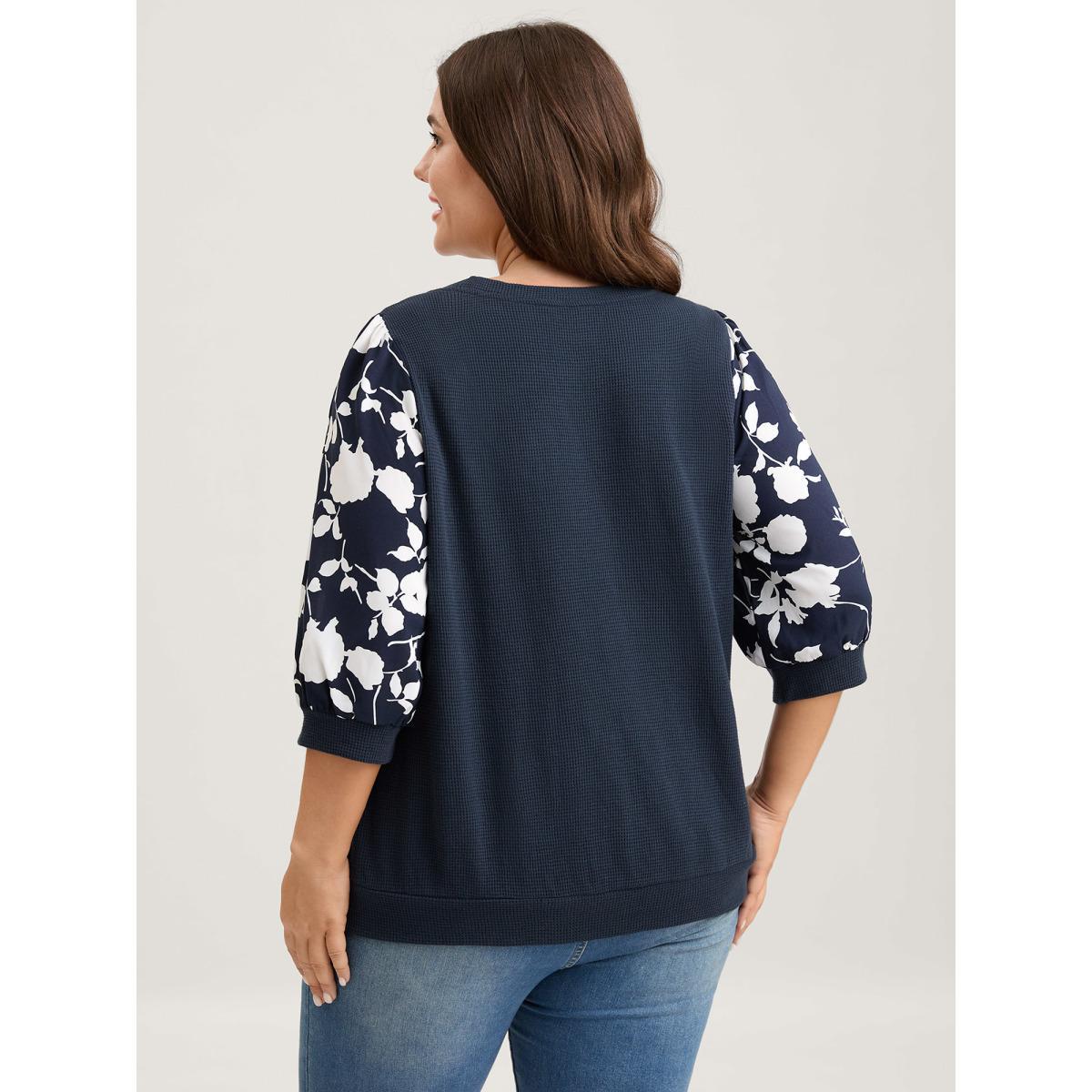 Plus Size Textured Floral Puffy Sleeve Sweatshirt Women Indigo Texture Round Neck Everyday-Elegant Sweatshirts BloomChic 22-24/3X Product Image