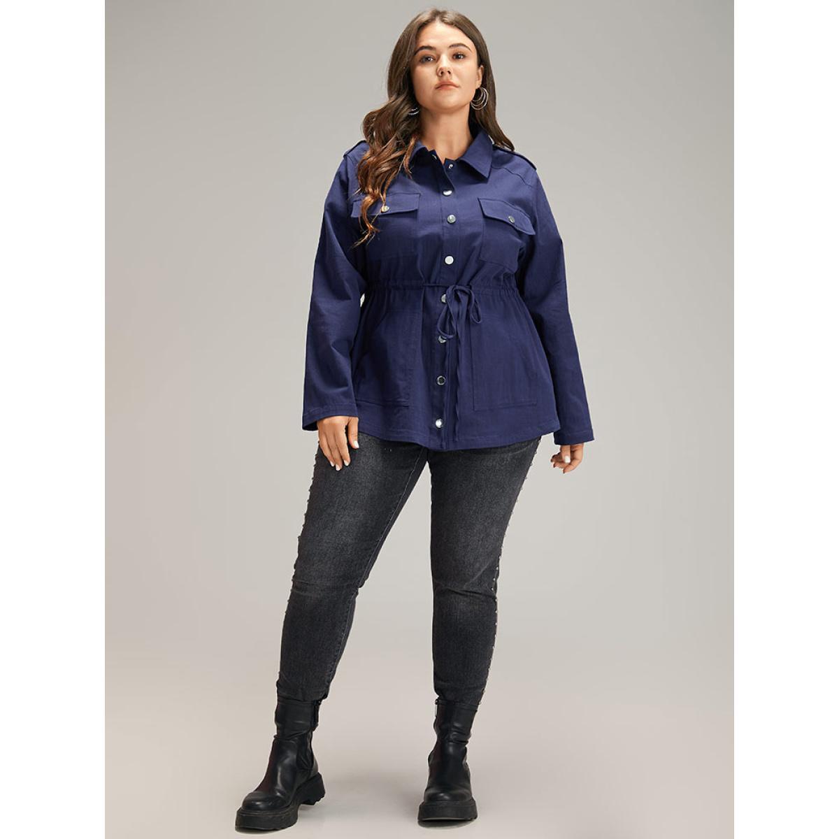 Plus Size Solid Metal Detail Pocket Drawstring Coat Women Indigo Casual Plain Ladies Dailywear Winter Coats BloomChic 12/L Product Image