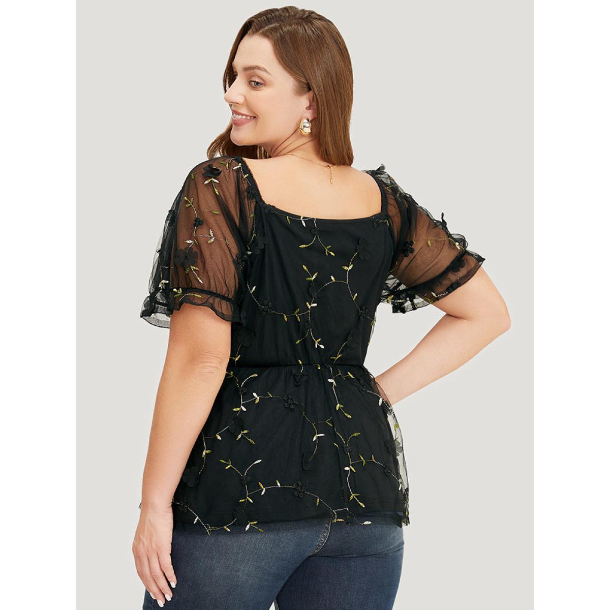Plus Size BlackFlower Plant Embroidered Appliques Mesh Puff Sleeve Blouse Women Party Short sleeve Square Neck Going out Blouses BloomChic 30/6X Product Image