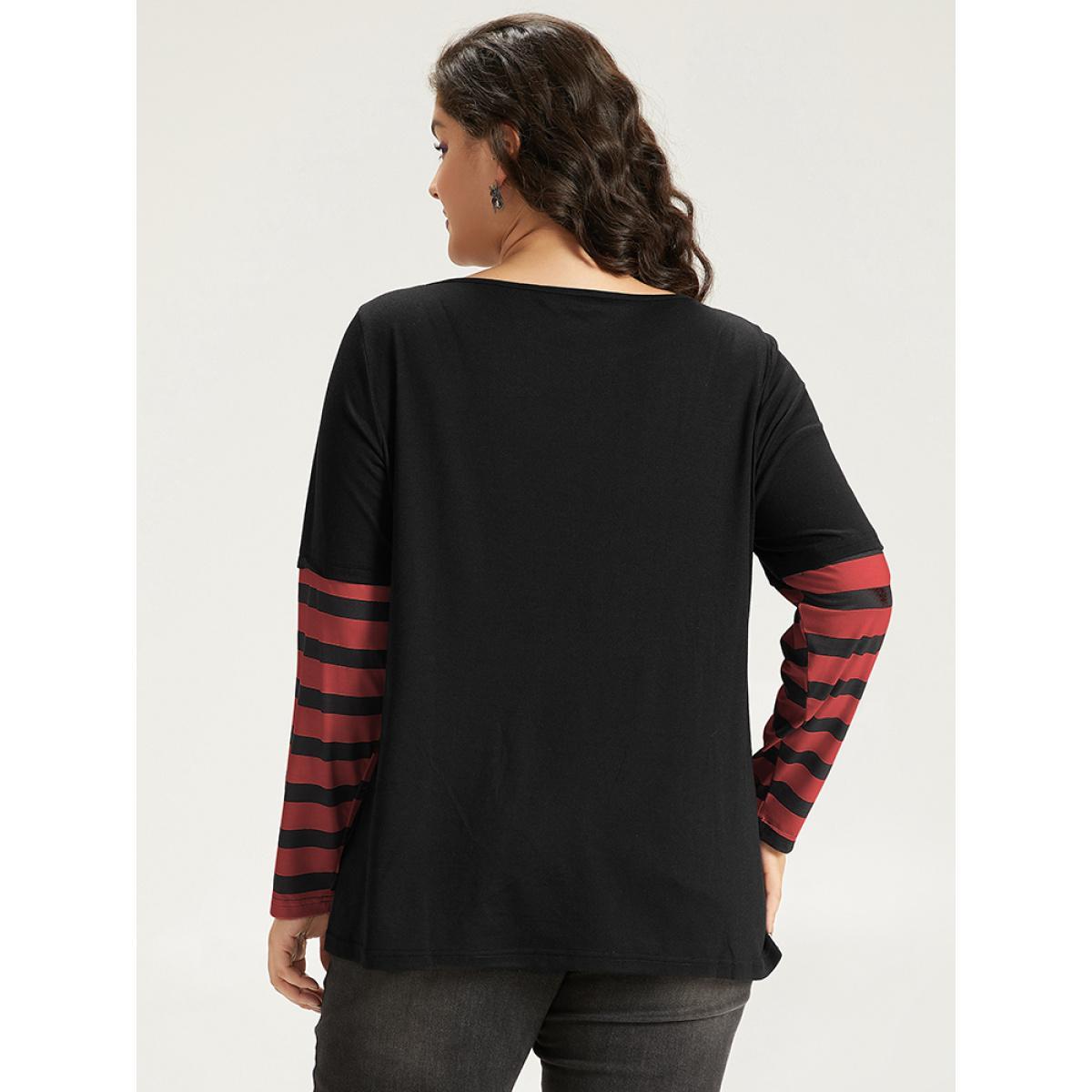 Plus Size Halloween Striped & Skull Print Patchwork T-shirt Red Women Casual Printed Halloween Festival-Halloween T-shirts BloomChic 26/4X Product Image