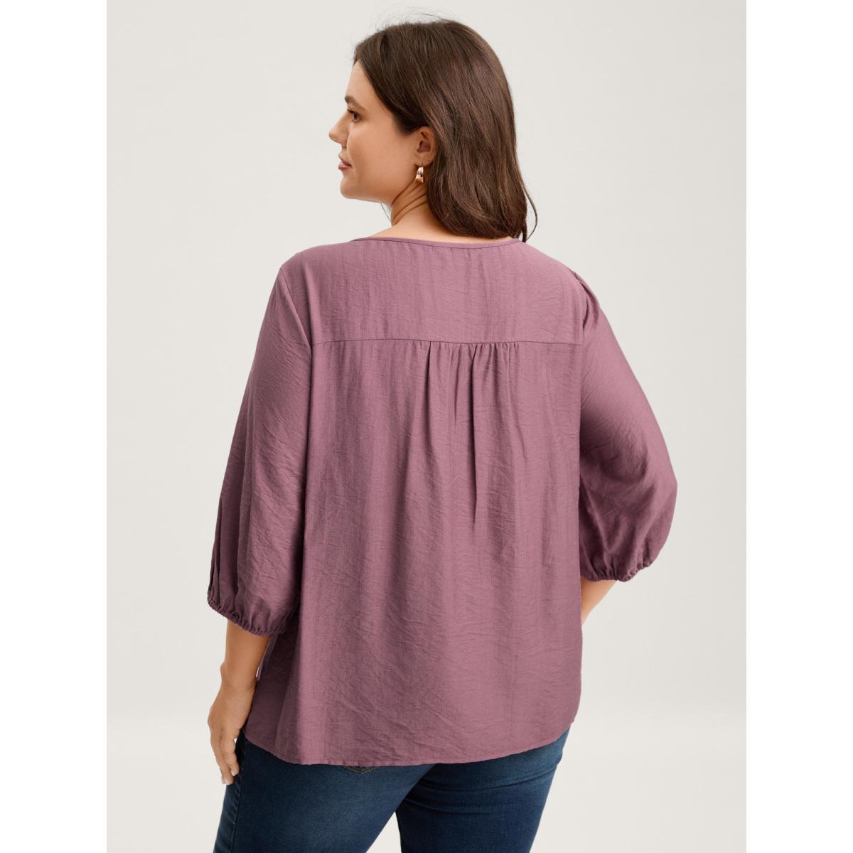 Plus Size Mauve Lace Neck Tie Flowy Solid Blouse Women Elbow-length sleeve V-neck Everyday-Elegant Blouses BloomChic 30/6X Product Image