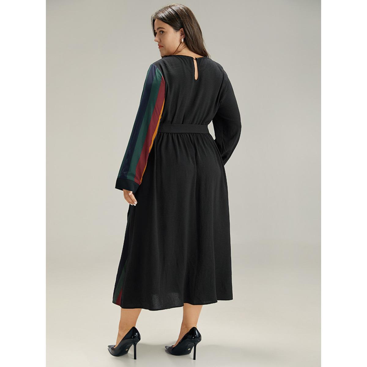 Plus Size Striped Pocket Patchwork Belted Elastic Waist Dress Black Women Office Belted Round Neck Long Sleeve Curvy Midi Dress BloomChic 28/5X Product Image