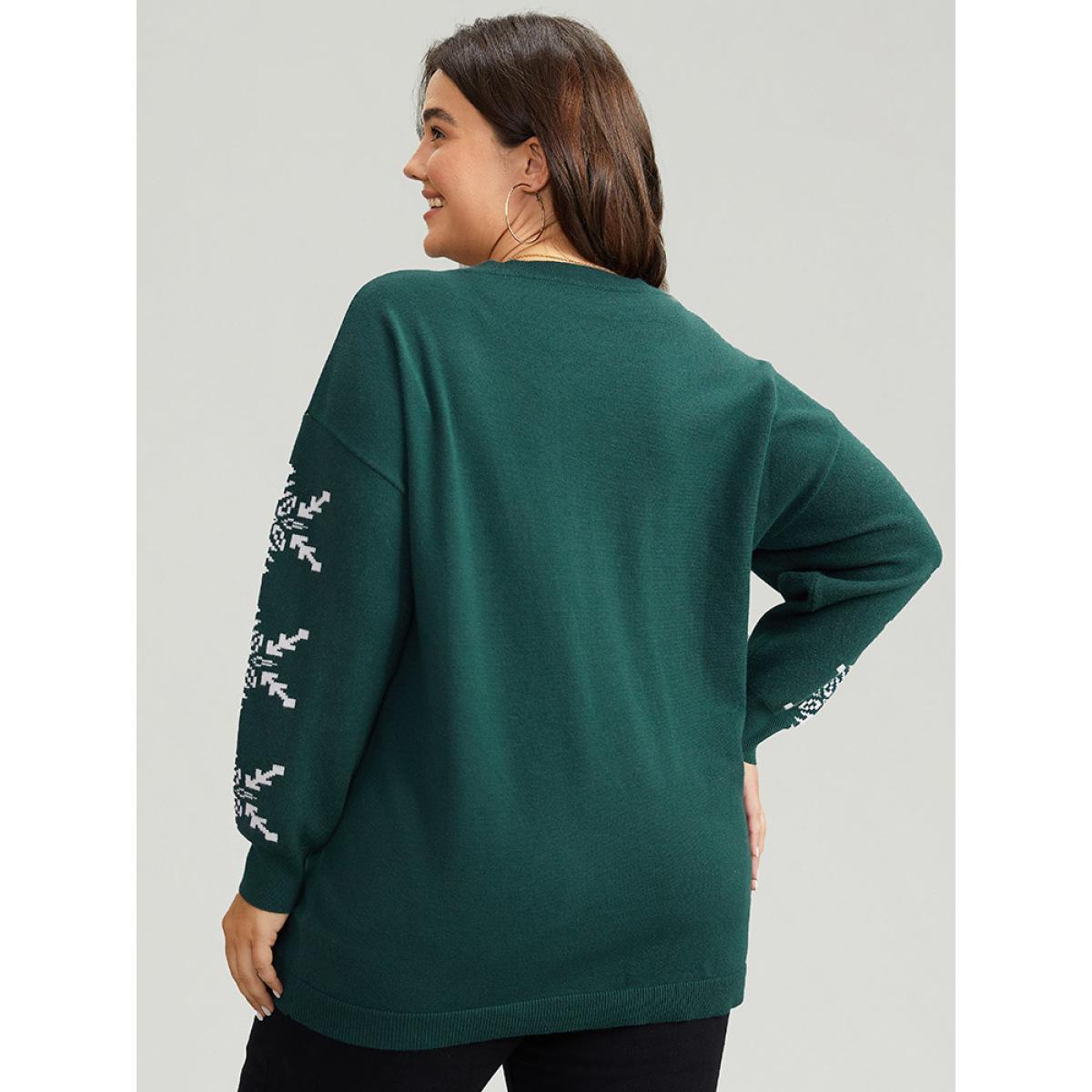 Plus Size Supersoft Essentials Snowflake Print V Neck Pullover DarkGreen Women Casual Loose Long Sleeve V-neck Festival-Christmas Pullovers BloomChic 14-16/1X Product Image