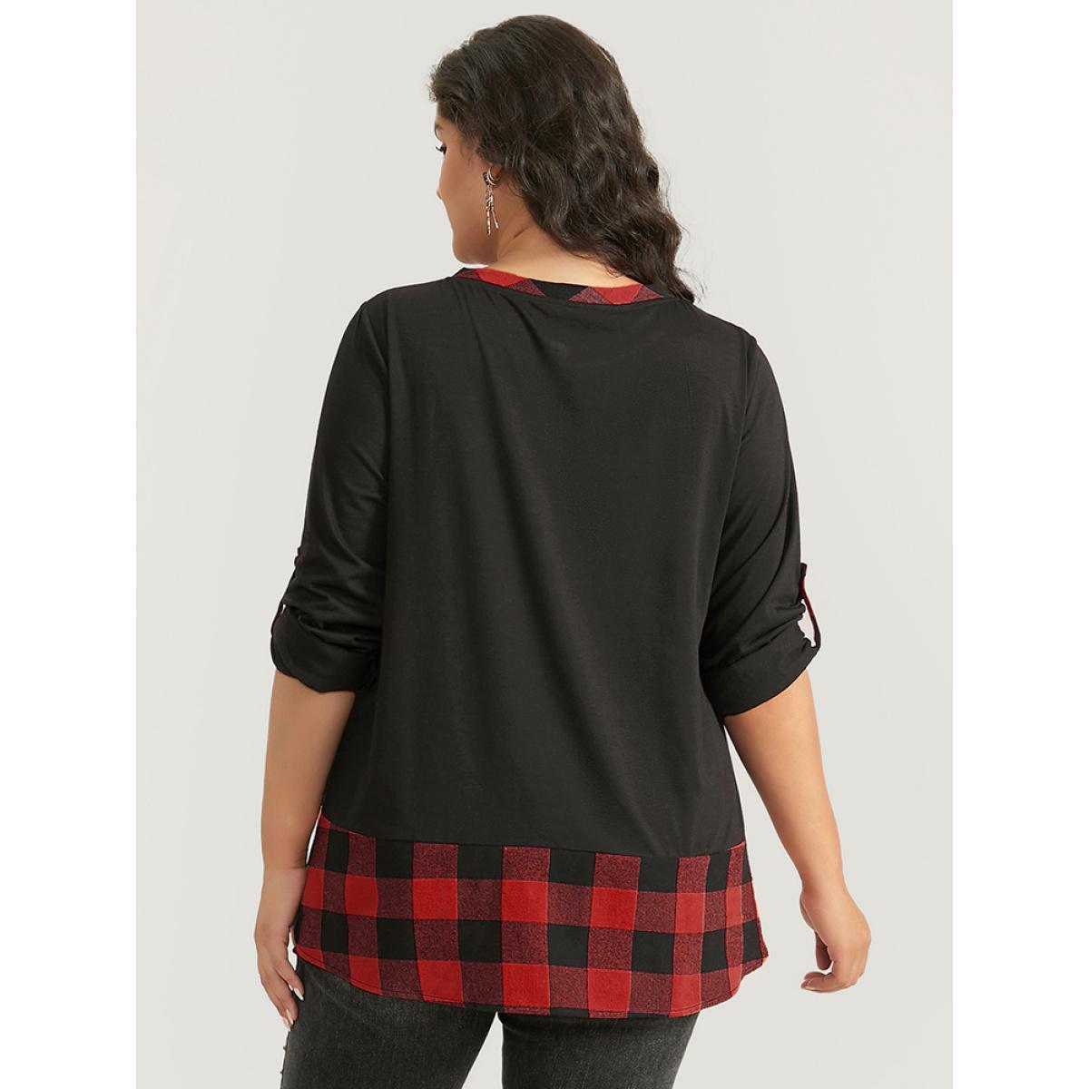 Plus Size Halloween Gingham Patchwork Notched Button Up Arc Hem T-shirt Red Women Casual Contrast Plaid Round Neck Festival-Halloween T-shirts BloomChic 30/6X Product Image