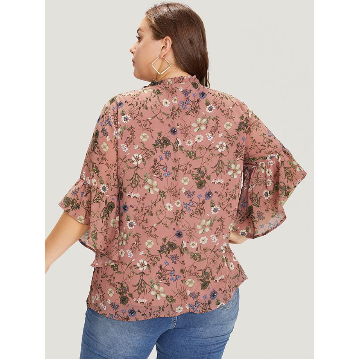 Plus Size Rouge Floral Tie Neck Frill Trim Bell Sleeve Blouse Women Elegant Half Sleeve Tie Neck Dailywear Blouses BloomChic 12/L Product Image