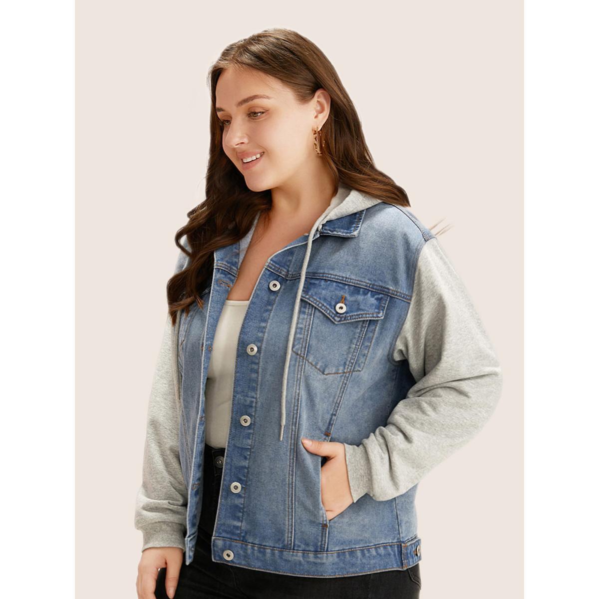Women Hooded Patchwork Flap Pocket Denim Jacket Stone Plus Size Plain Contrast Everyday Slanted pocket Casual Denim Jackets BloomChic 26/4X Product Image