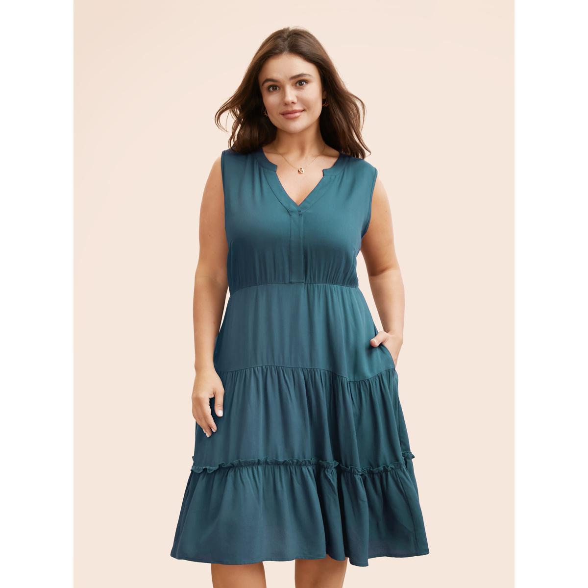 Plus Size Supersoft Essentials Notched Ruffle Layered Hem Sleeveless Dress ArmyGreen Women Elegant Gathered V-neck Sleeveless Curvy Midi Dress BloomChic 22-24/3X Product Image