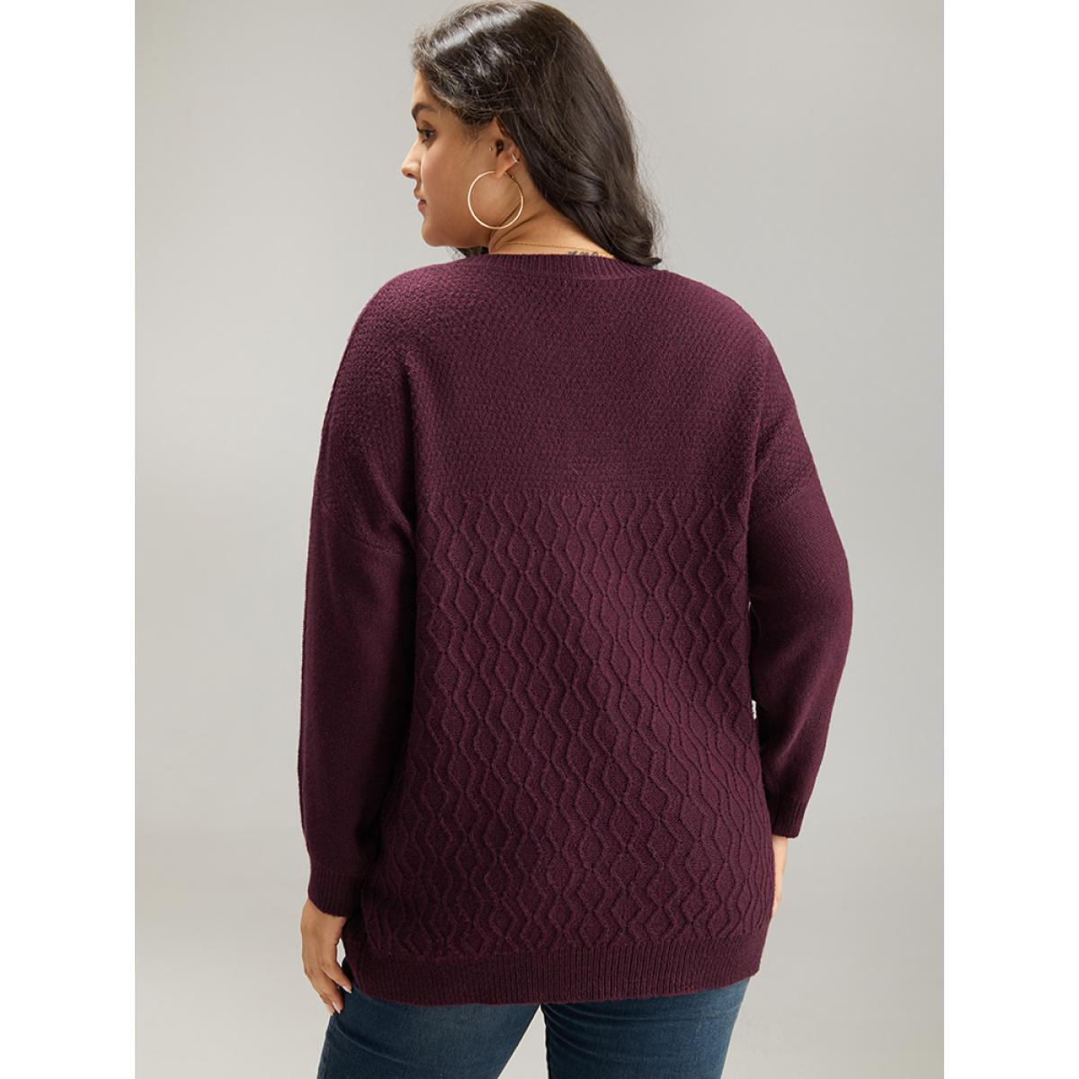 Plus Size Plisse Solid Drop Shoulder Pullover RedViolet Women Casual Loose Long Sleeve V-neck Dailywear Pullovers BloomChic 26/4X Product Image