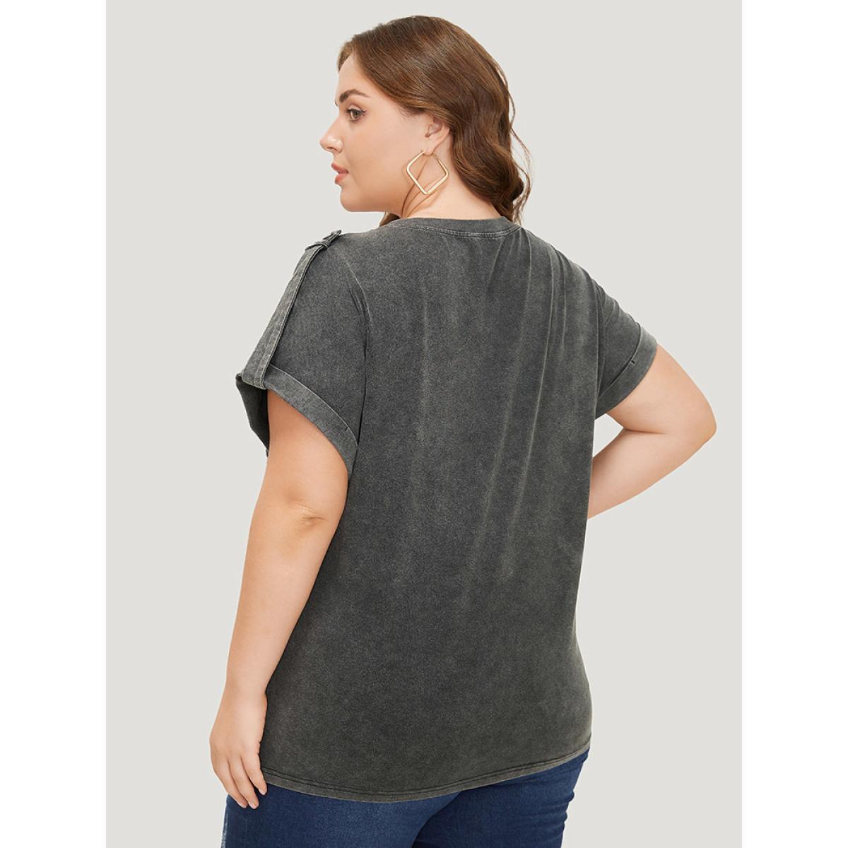 Plus Size Plain Roll Tab Sleeve Vintage T-shirt Black Women Casual Plain Round Neck Dailywear T-shirts BloomChic 18-20/2X Product Image