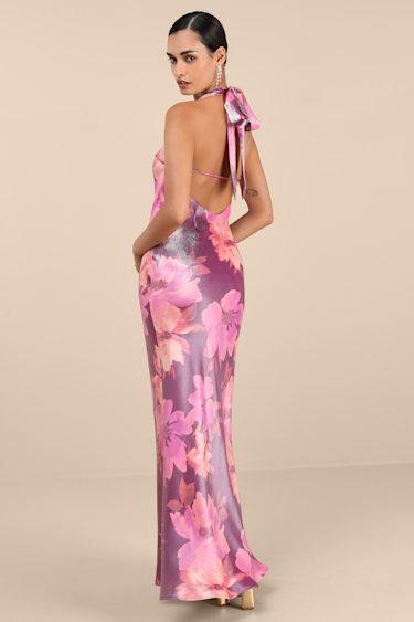 Lashay Purple and Pink Floral Satin Halter Mermaid Maxi Dress Product Image