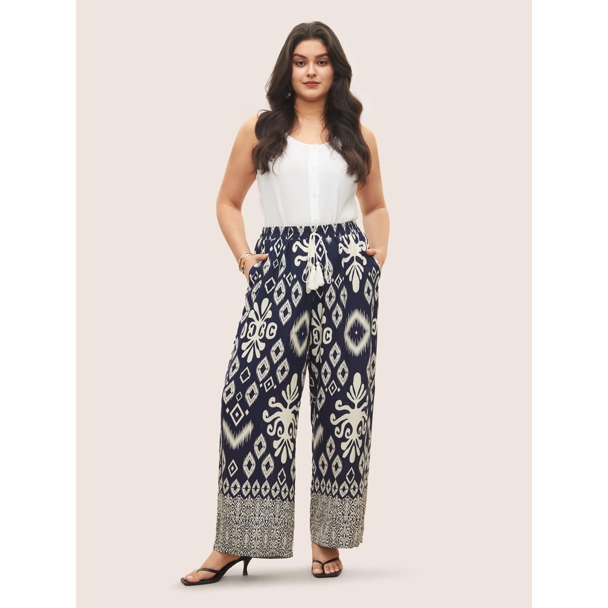 Plus Size Bandana Tassel Trim Elastic Waist Wide Leg Pants Women Navy Resort Wide Leg High Rise Vacation Pants BloomChic 12/L Product Image