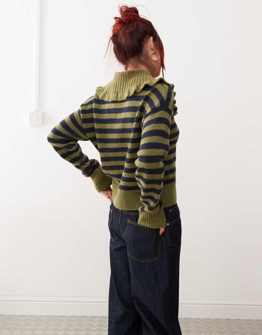 Monki long sleeve collar polo knit sweater in khaki stripe Product Image