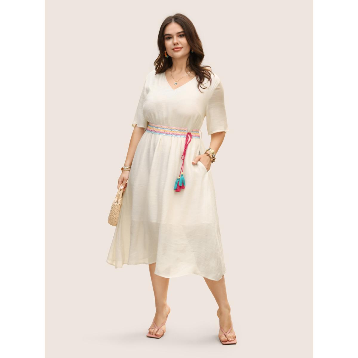 Plus Size V Neck Tassel Trim Mesh Midi Dress Originalwhite Women Resort V-neck Half Sleeve Curvy BloomChic 10/M Product Image