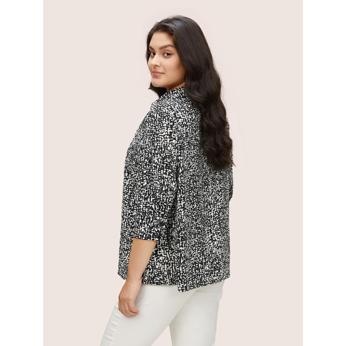 Plus Size Black Geometric Shirt Collar Button Through Tab Sleeve Blouse Women At the Office Elbow-length sleeve Shirt collar Work Blouses BloomChic 10/M Product Image