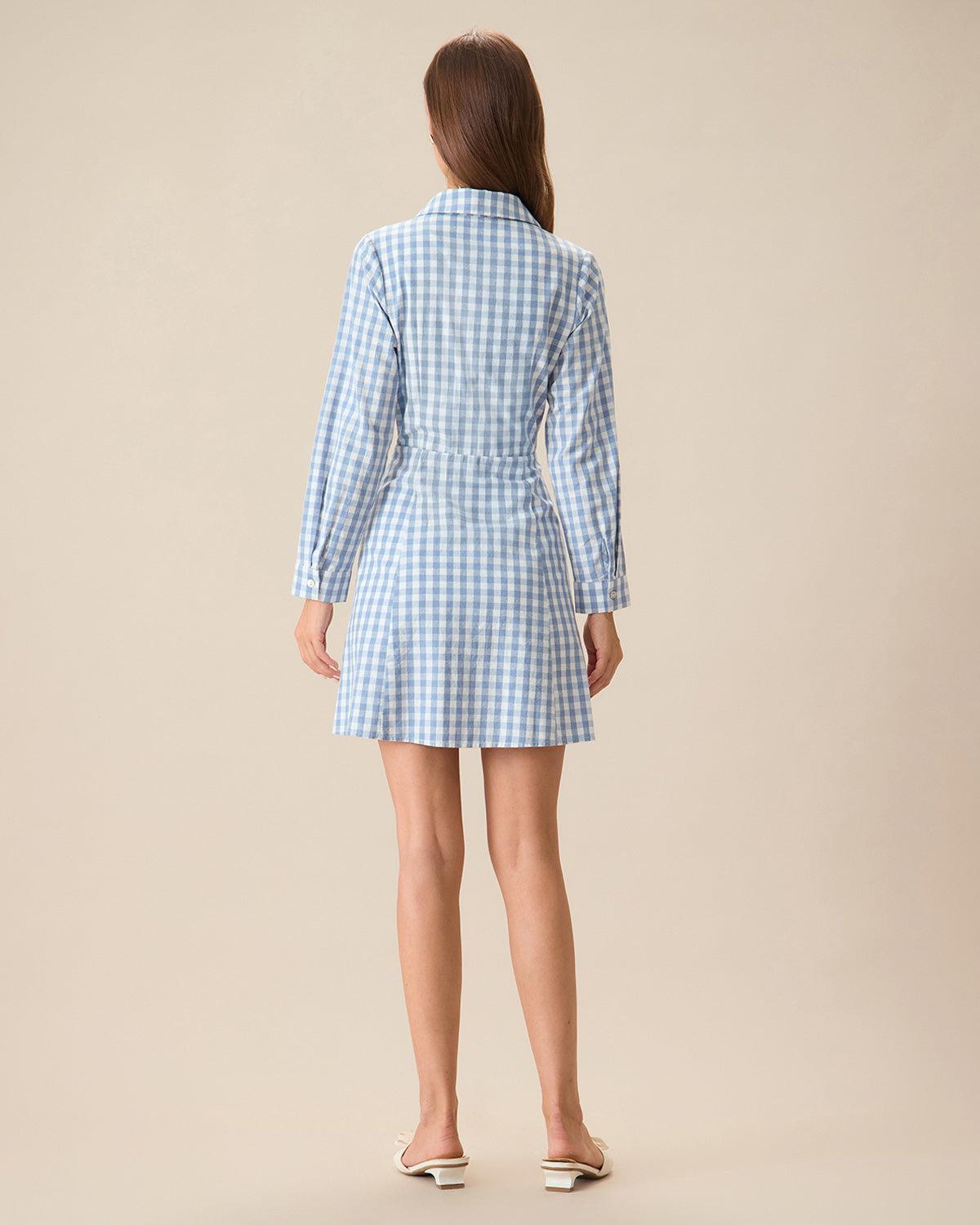 Women's Blue Plaid Long Sleeve Mini Dress Female Product Image