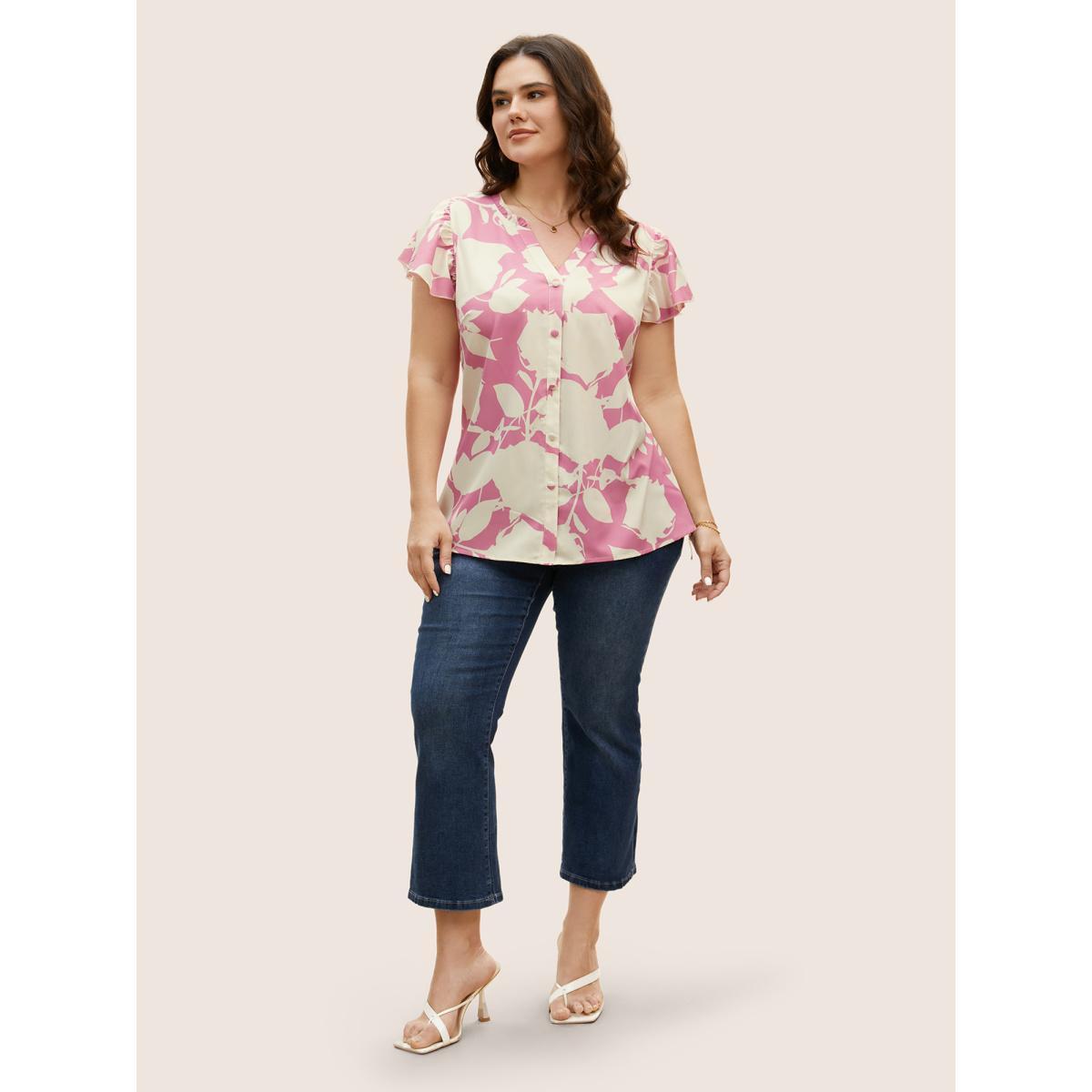 Plus Size Beanpastepowder Silhouette Floral Print Button Detail Blouse Women Elegant Cap Sleeve V-neck Everyday Blouses BloomChic 30/6X Product Image