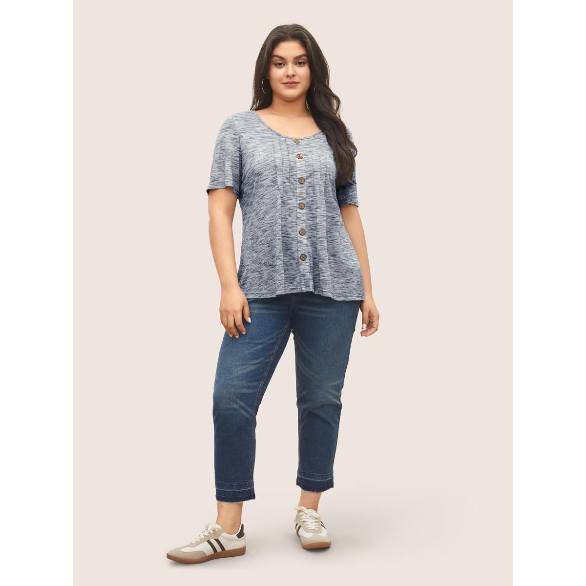 Plus Size Round Neck Heather Pleated Button Detail T-shirt DarkBlue Women Casual Button Plain Round Neck Everyday T-shirts BloomChic 12/L Product Image