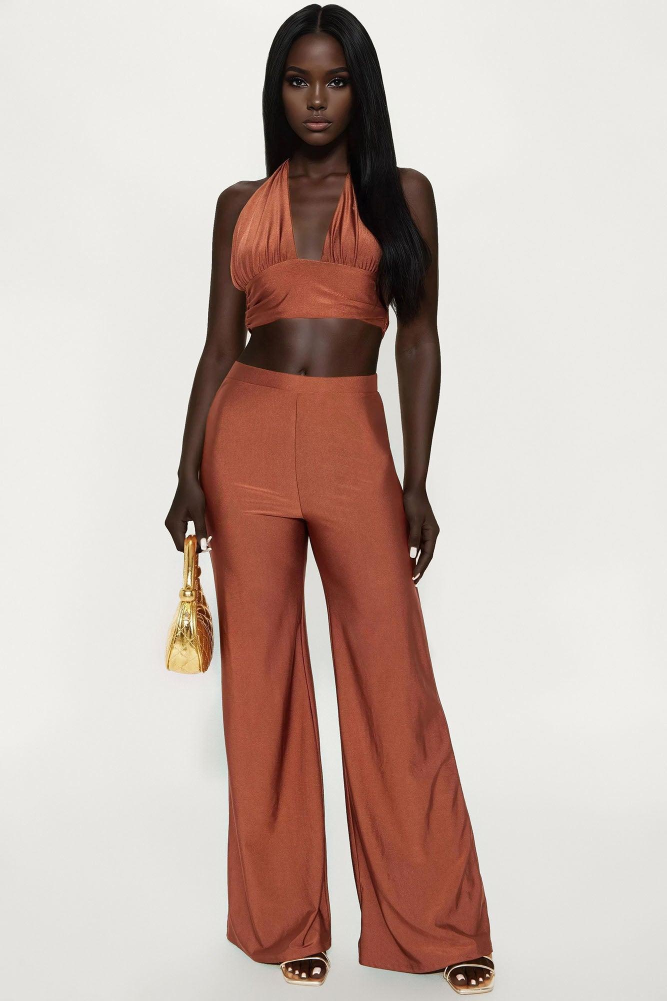 Sasha One Shoulder Wide Leg Pant Set - Brown Product Image