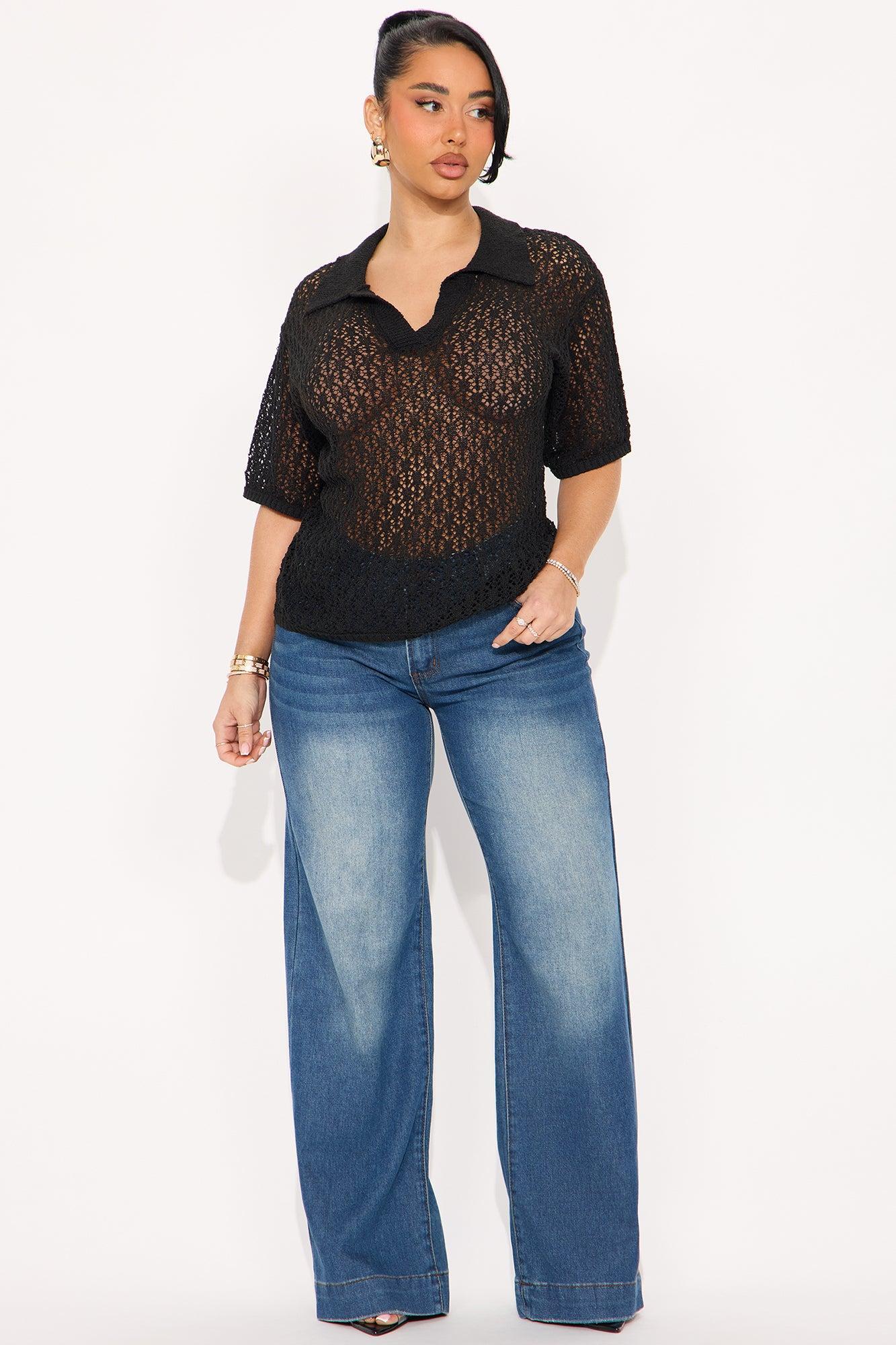 Ines Crochet Polo Top - Black Product Image