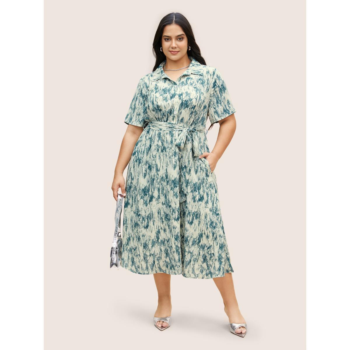 Plus Size Gradient Dyeing Print Shirt Collar Belted Dress Mediumblue Women At the Office Shirt collar Short sleeve Curvy BloomChic 30/6X Product Image