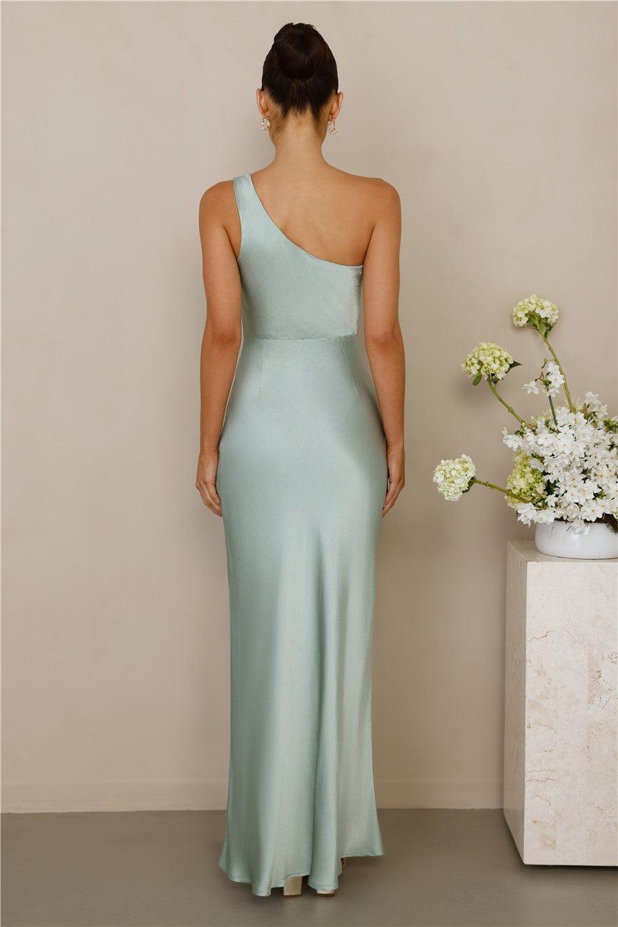The Aurora One Shoulder Satin Maxi Dress Sage Product Image