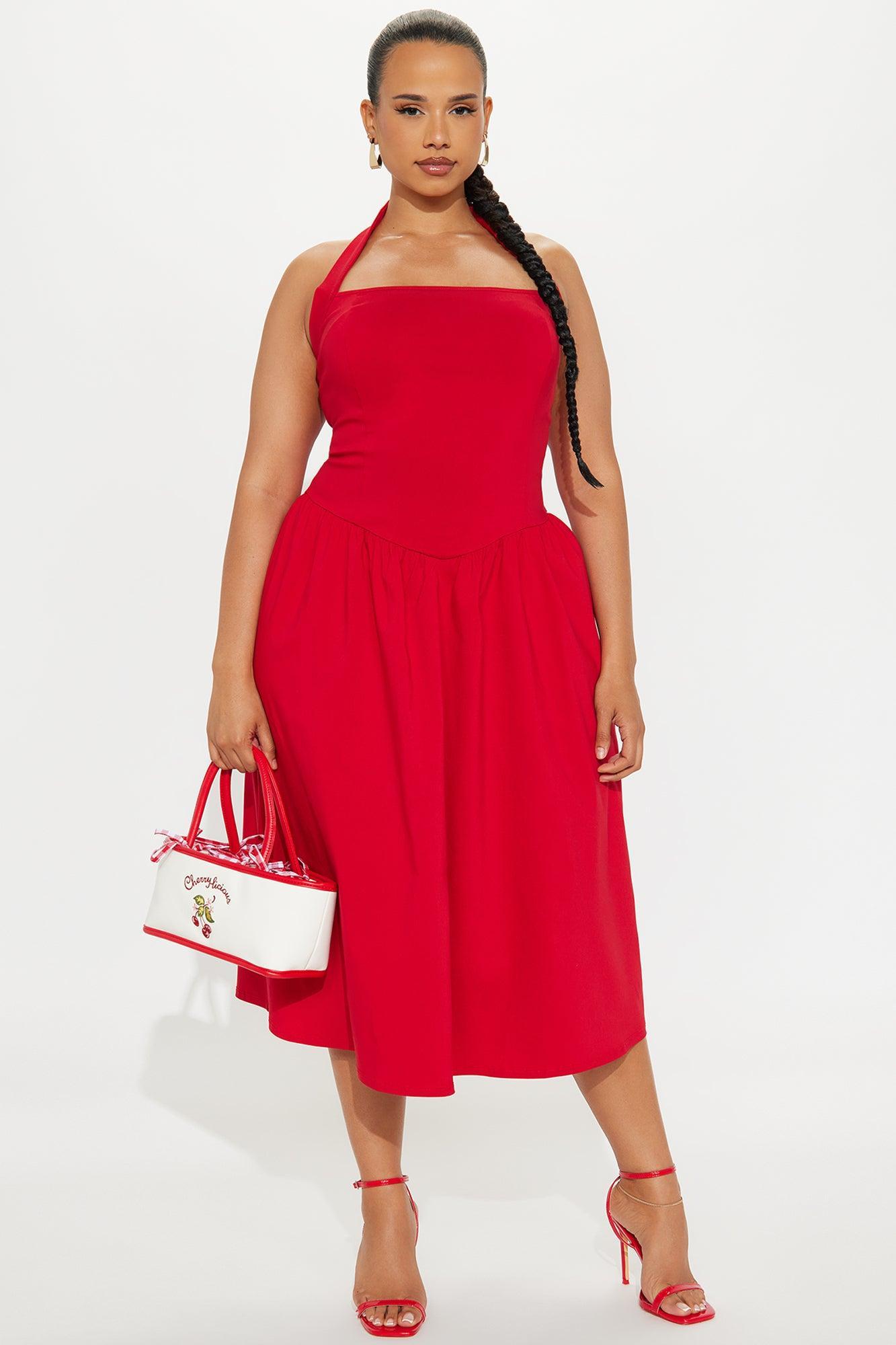 Phoebe Halter Midi Dress - Red Product Image