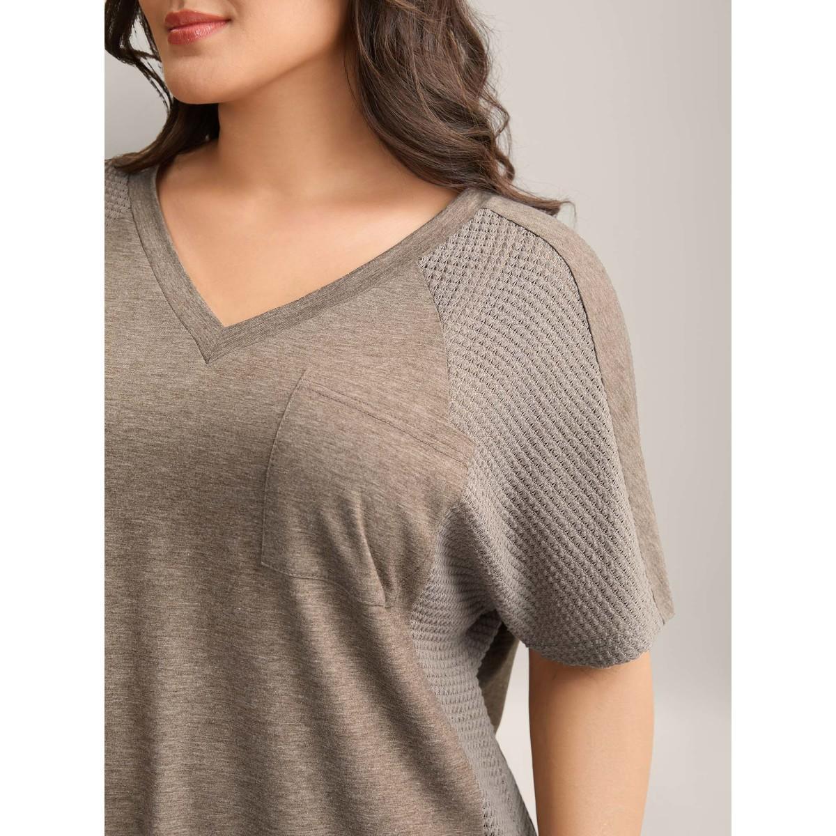 Plus Size Waffle V-Neck Pocket Plain T-Shirt LightBrown Women Texture V-neck Everyday-Casual T-shirts BloomChic 10/M Product Image